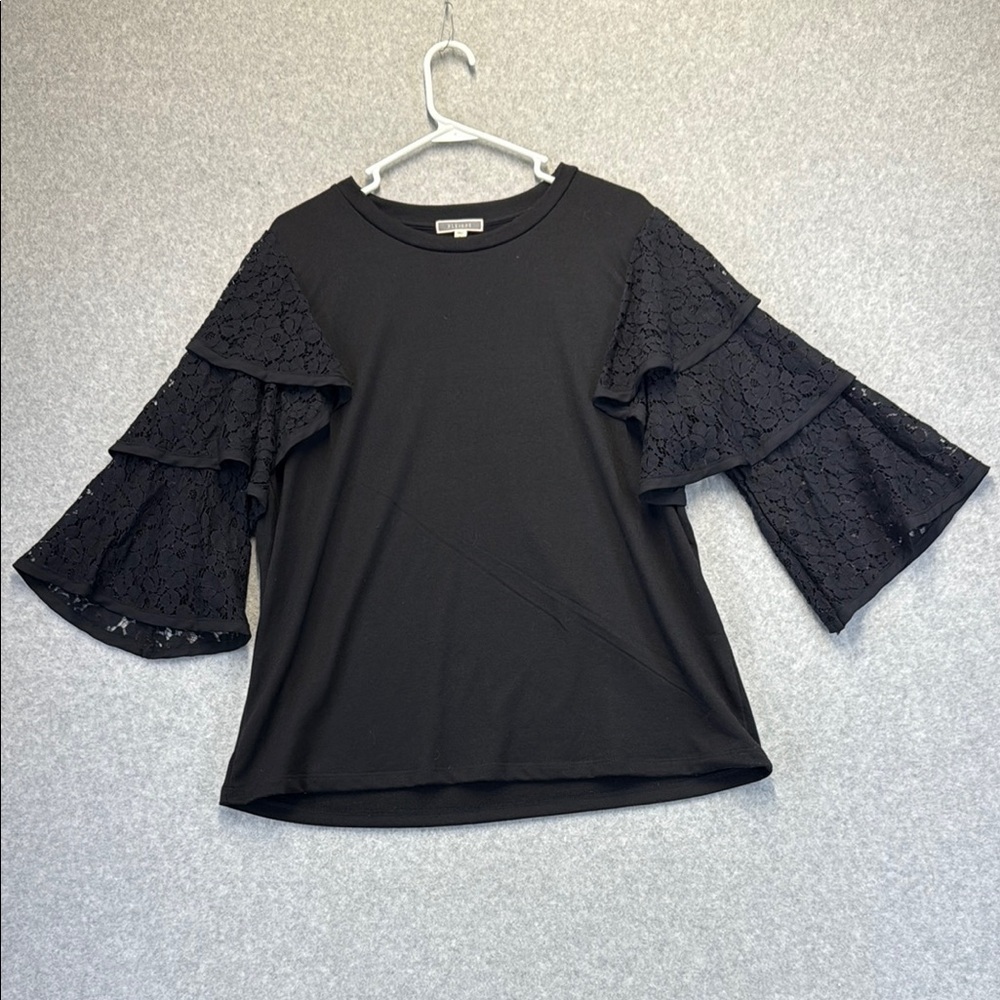 Black Lace Ruffle Sleeve Top - Picture 1 of 7